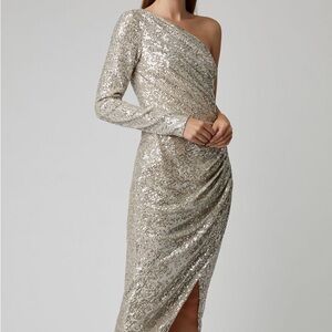 Adrianna Papell one shoulder gold sequin gown